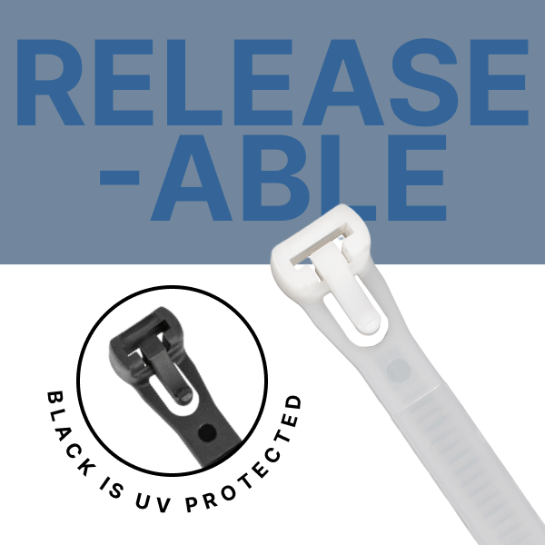 Releasable Most cable ties can only be used once. Releasable cable ties feature an easy push-button release mechanism that allows you to loosen, re-adjust, and reuse the tie. These cable ties are just as strong and secure as standard cable ties but have the added advantage of reusability.