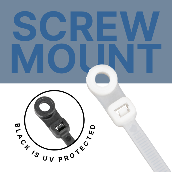 Screwmount cable ties feature a screw hole used for mounting the cable tie to anysurface. These cable ties are easy to use and lock quickly and securely around wire bundles, cables, ropes, and more. You can make sure that your cables will stay in one place but will remain accessible if maintenance is needed.