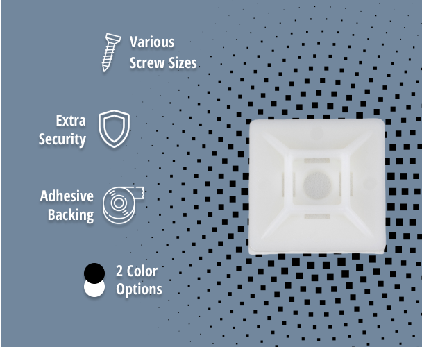 Reduce the risk of tripping or wire malfunction by mounting your cables. Cable tie mounts securely fasten cable ties to any surface. A screw hole and self-adhesive backing enable users to easily attach the mount to any flat area. This allows for easy organization of cables, wires, ropes, and more.