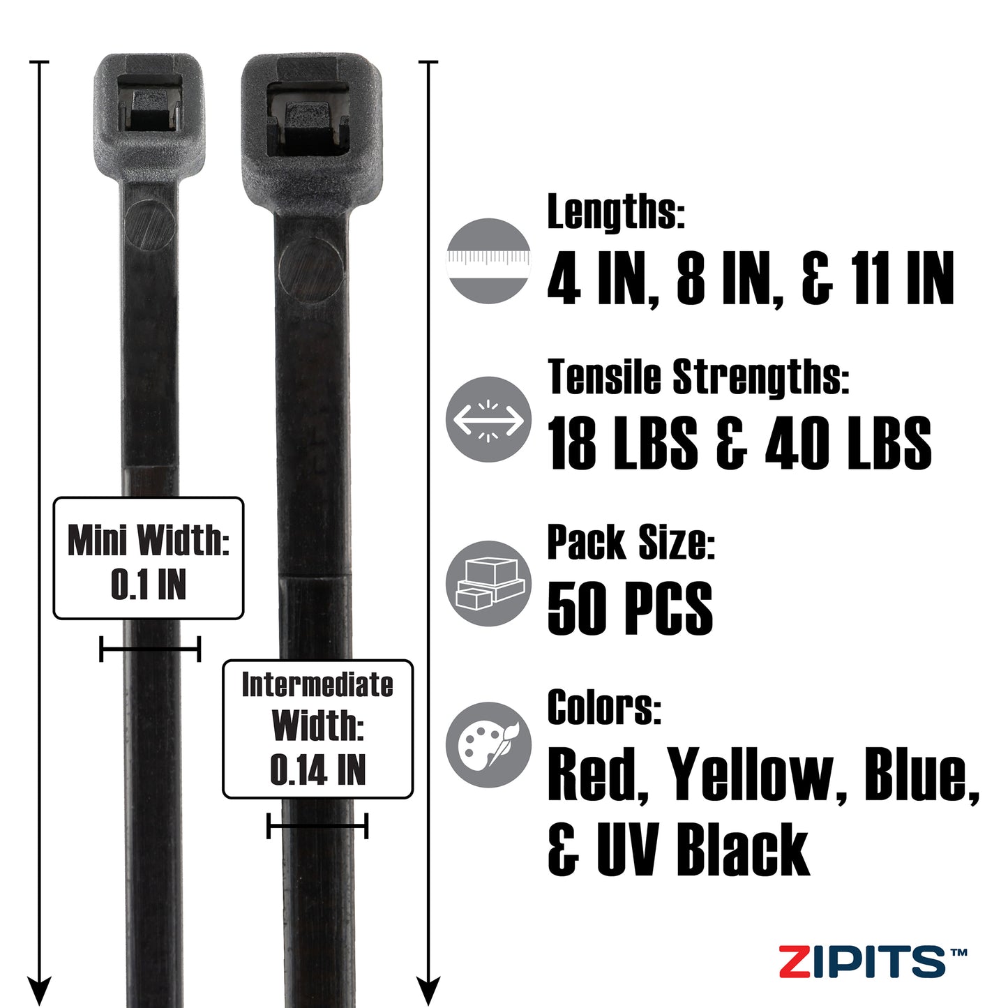 Mini & Intermediate Cable Tie Assortment (4 in. , 8 in. , 11 in. ) 50pc - Assorted Colors