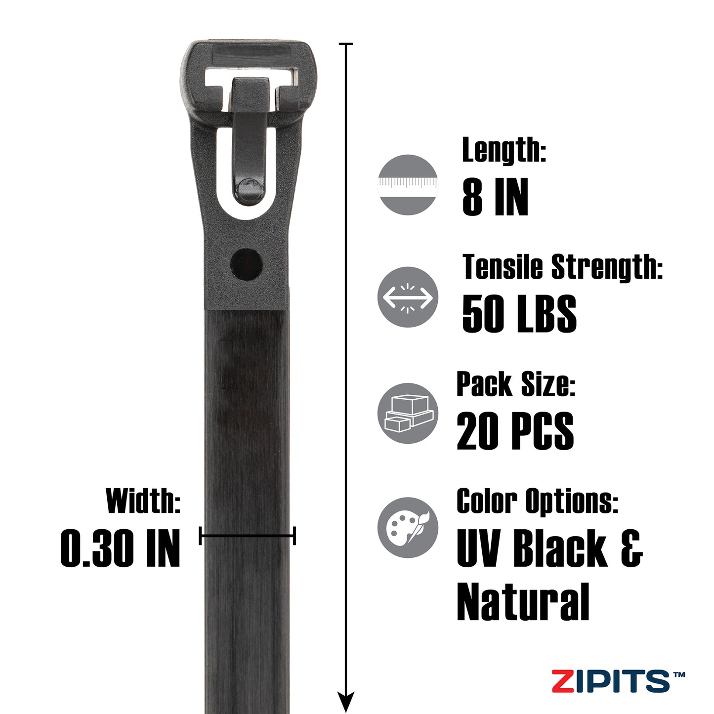 8 in. Releasable Cable Tie Assortment 20pc - UV Black & Natural