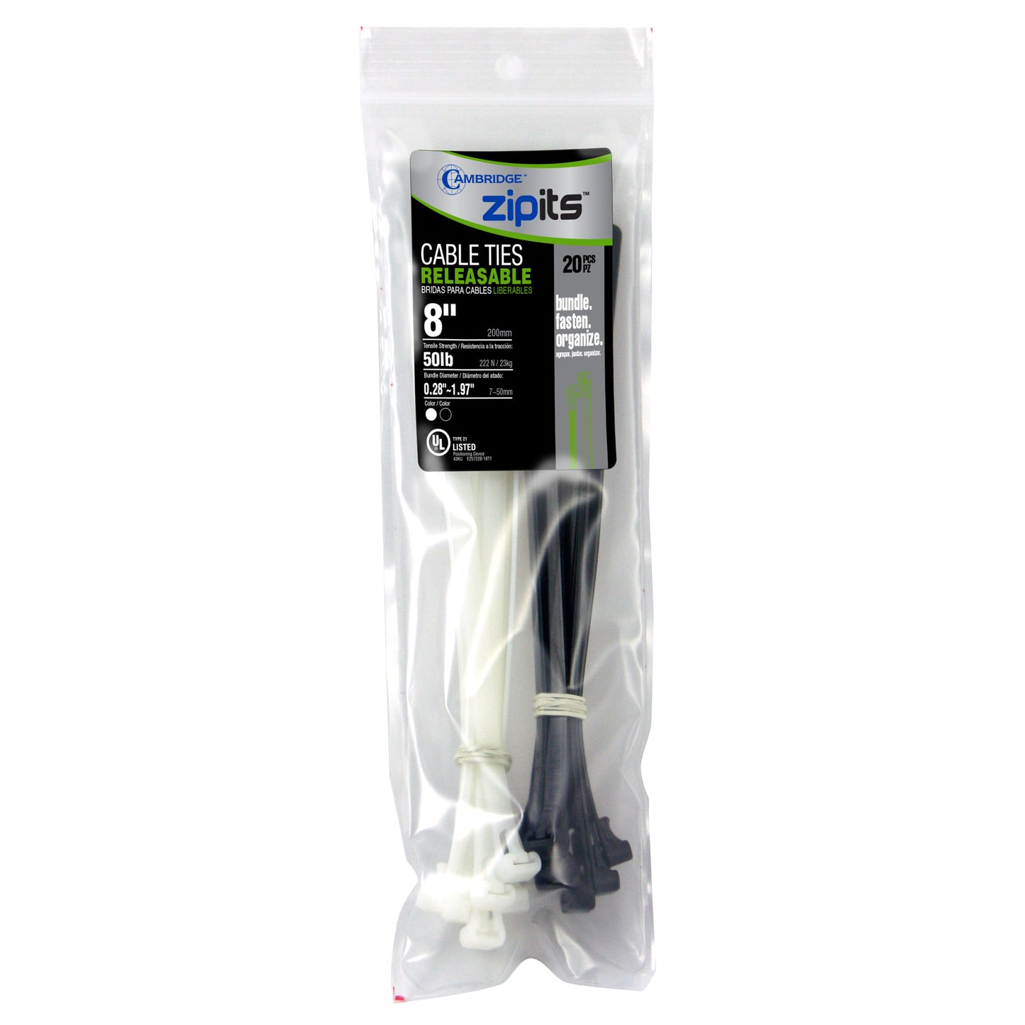 8 in. Releasable Cable Tie Assortment 20pc - UV Black & Natural