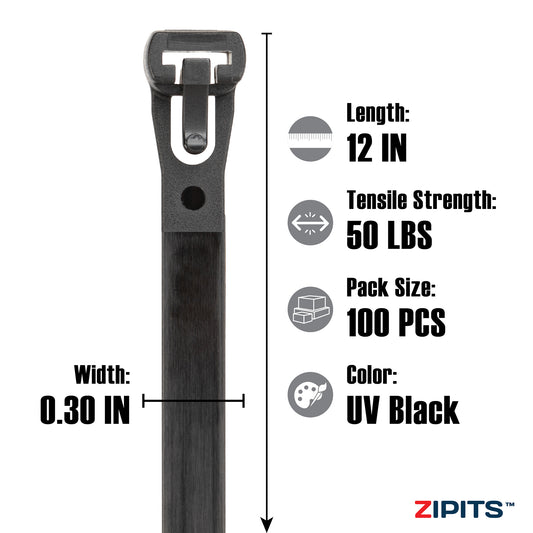 12 in. Releasable Cable Ties 50 lbs. Strength 100PC
