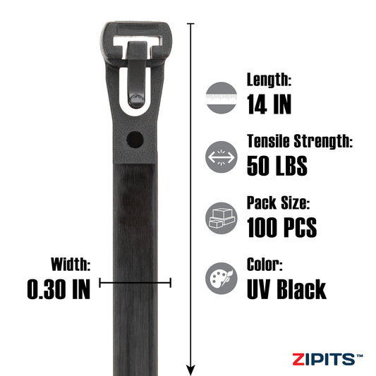 14 in. Releasable Cable Ties 50 lbs. Strength 100PC