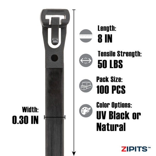 8 in. Releasable Cable Ties 50 lbs. Strength 100PC