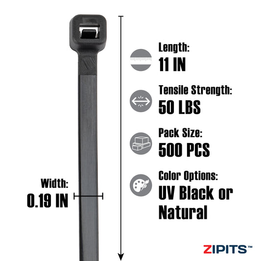 Colliers de serrage standard de 11 po, résistance de 50 lb, 500 pièces