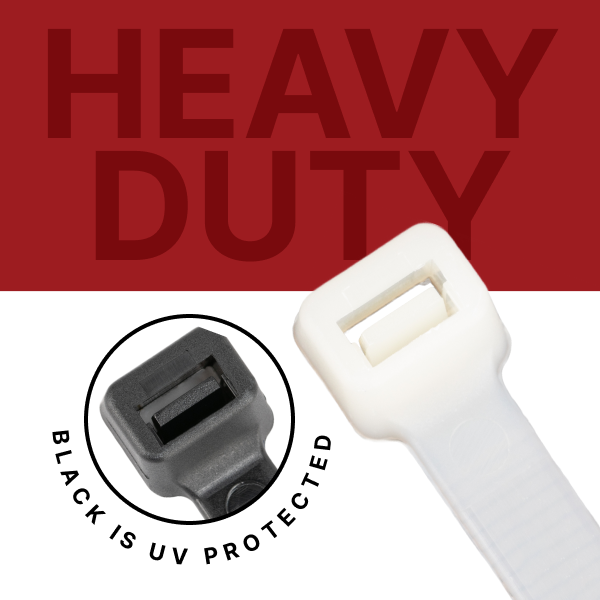 Heavy Duty Heavy duty cable ties are made of durable materials but are flexible enough to secure any object and can work at any angle, all while maintaining ample tensile strength to hold whatever it is you need. The strong ratcheting head ensures that each step is locked in and will not budge.