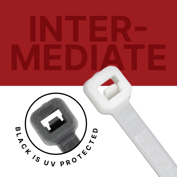Intermediate Some jobs require smaller cable ties, but that doesn’t mean you need to sacrifice durability or stability. For smaller cable bundles, you need intermediate cable ties. These cable ties are easy to use and lock quickly and securely around wire bundles,cables, ropes, and more.