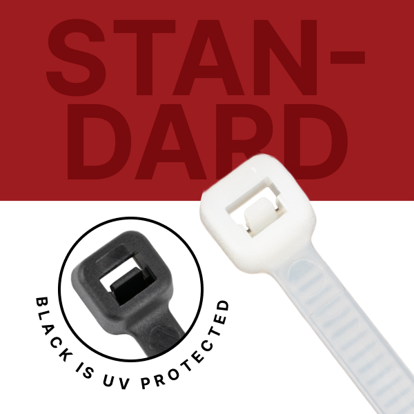 Standard With these standard cable ties, you can easily bundle up cables at home, at the office, or at a job site. They are neither too big nor too small, but rather are the perfect size for most typical applications.