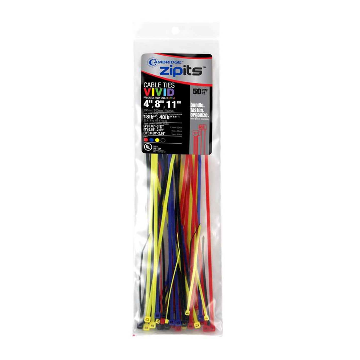 Mini & Intermediate Cable Tie Assortment (4 in. , 8 in. , 11 in. ) 50pc - Assorted Colors