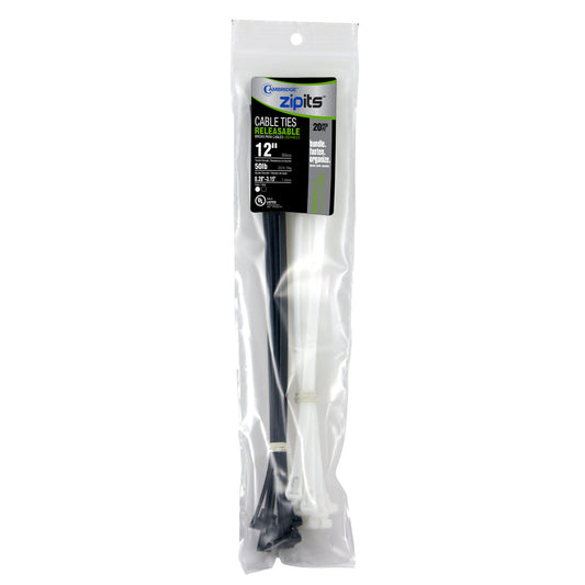 12 in. Releasable Cable Tie Assortment 20pc - UV Black & Natural