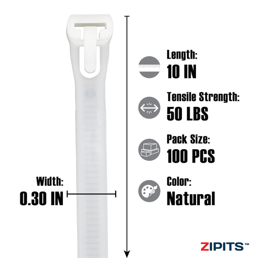 10 in. Releasable Cable Ties 50 lbs. Strength 100PC
