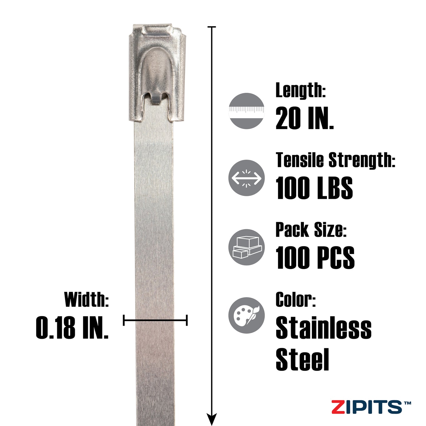 20 in. Stainless Steel Cable Ties 100 lbs. Strength 100PC