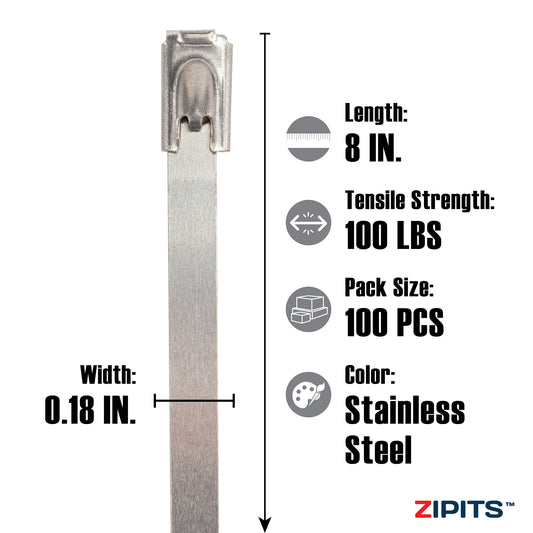 8 in. Stainless Steel Cable Ties 100 lbs. Strength 100PC