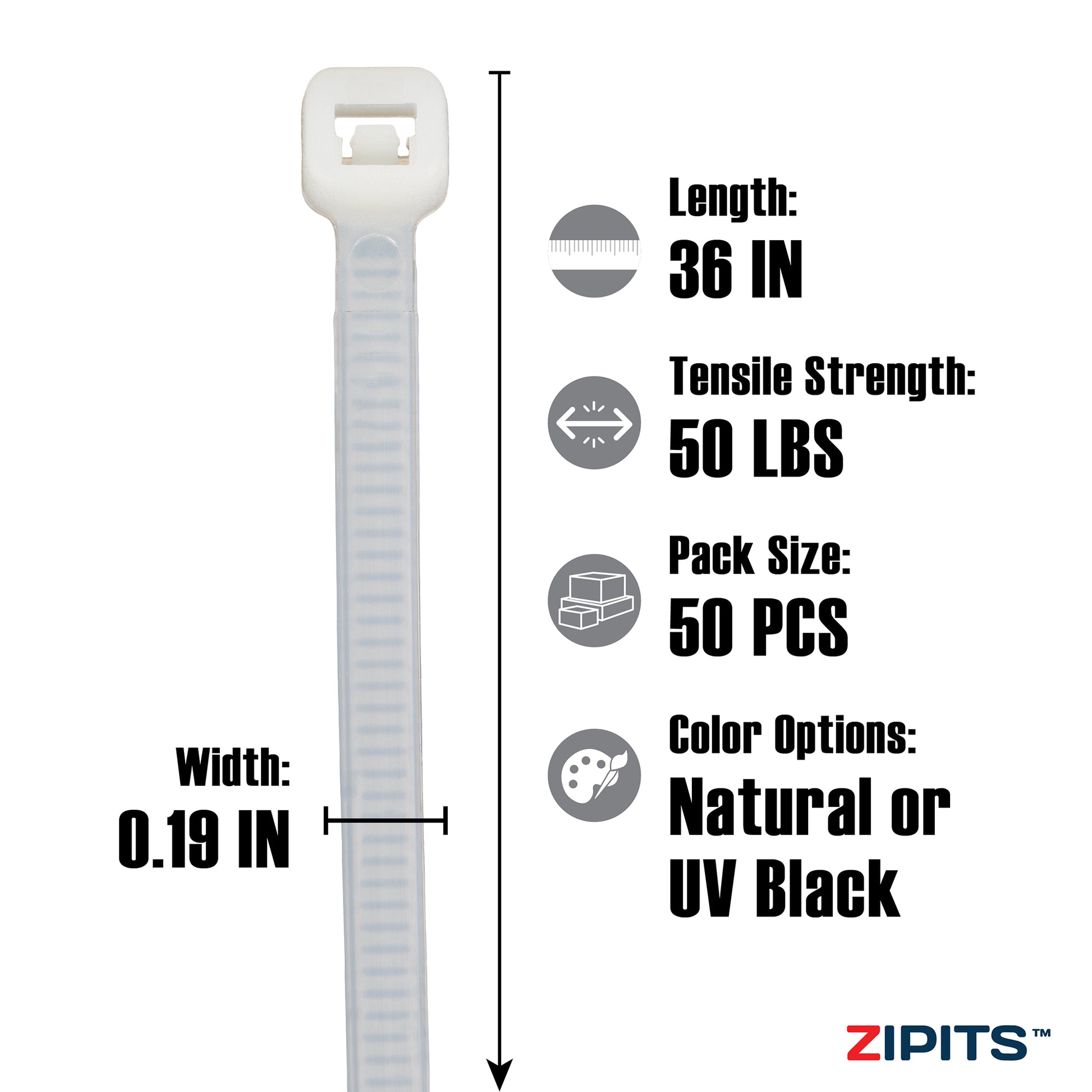 Plastic Zip Cable Ties - 36 White/Natural, 50 lb. Tensile Break Strength